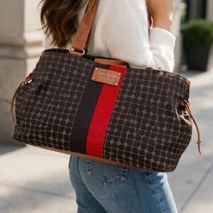 Kate Spade New York Brown Monogram Tote Bag Leather Trim Large Satchel Striped